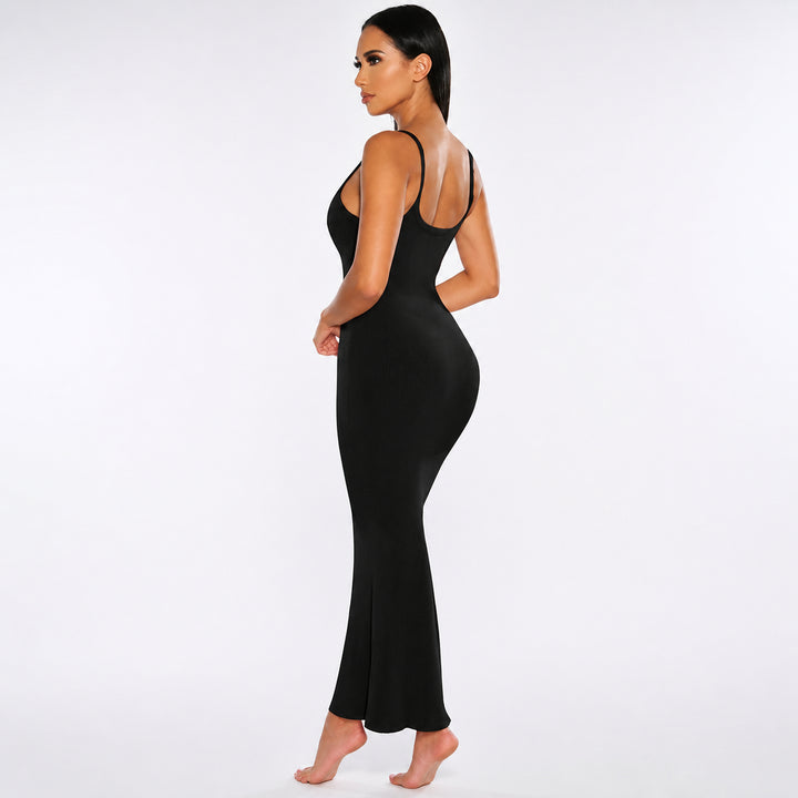 Black ribbed bodycon maxi dress on female model, studio back view