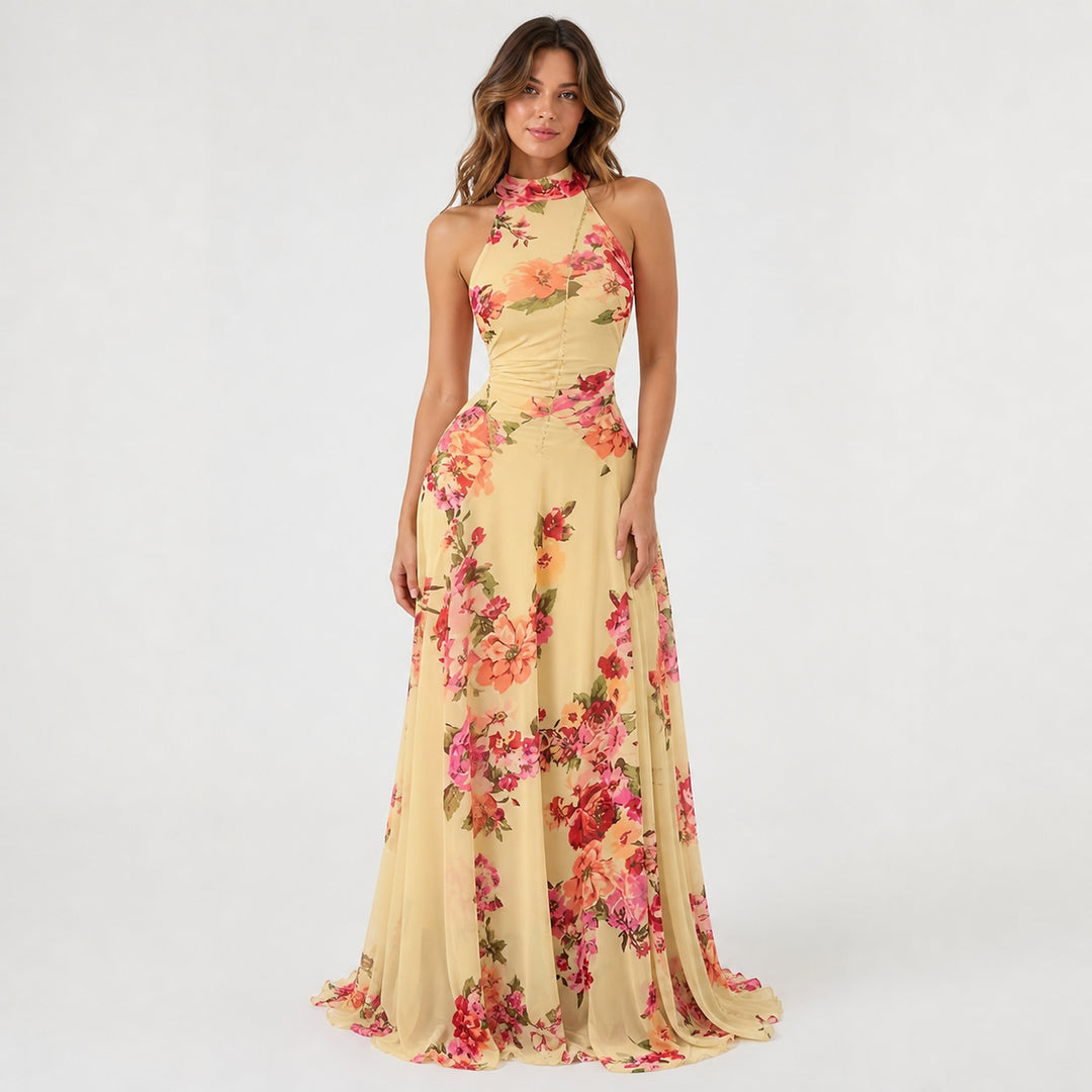 Style A lined art-mesh maxi dress on female model, studio front view