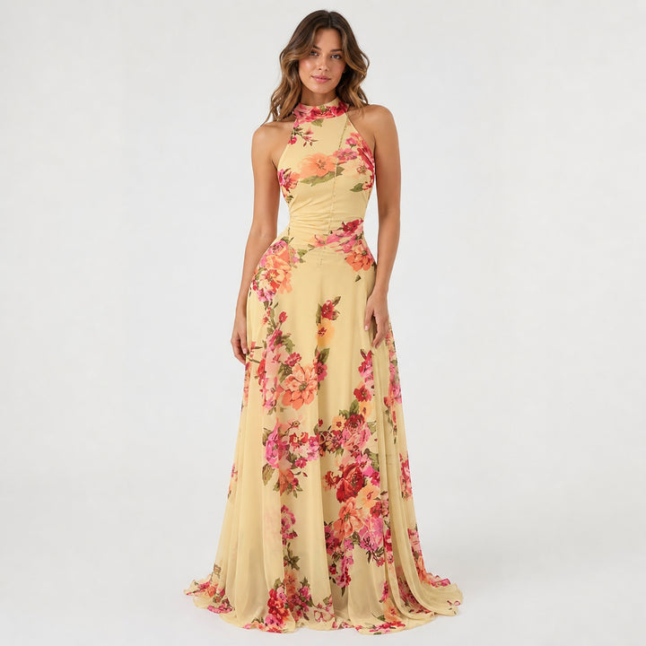 Style A lined art-mesh maxi dress on female model, studio front view
