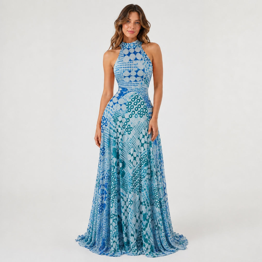 Style B lined art-mesh maxi dress on female model, studio front view