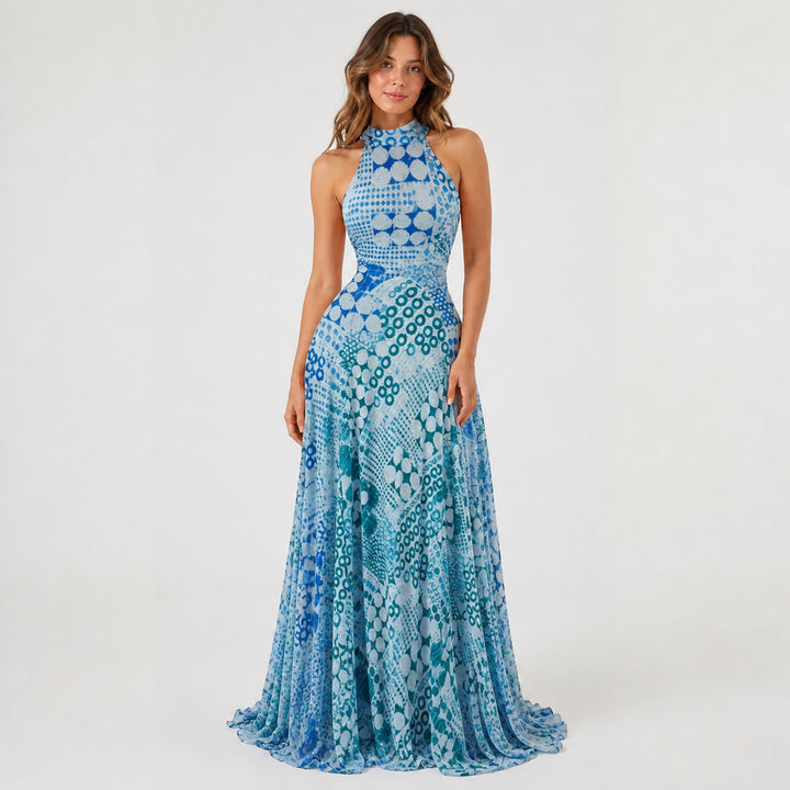 Style B lined art-mesh maxi dress on female model, studio front view