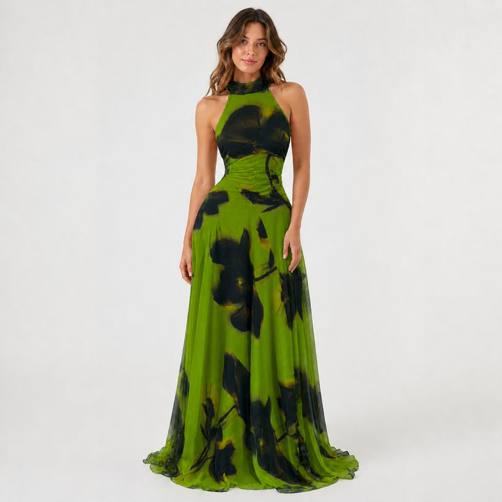 Style C lined art-mesh maxi dress on female model, studio front view