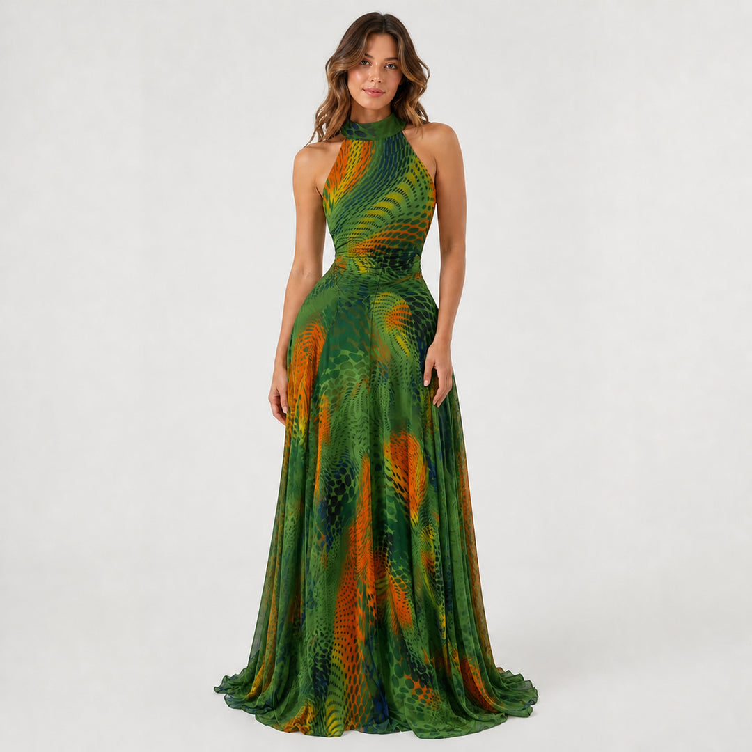 Style D lined art-mesh maxi dress on female model, studio front view