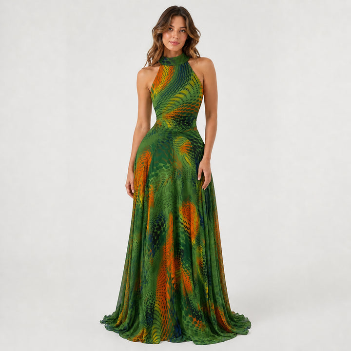 Style D lined art-mesh maxi dress on female model, studio front view