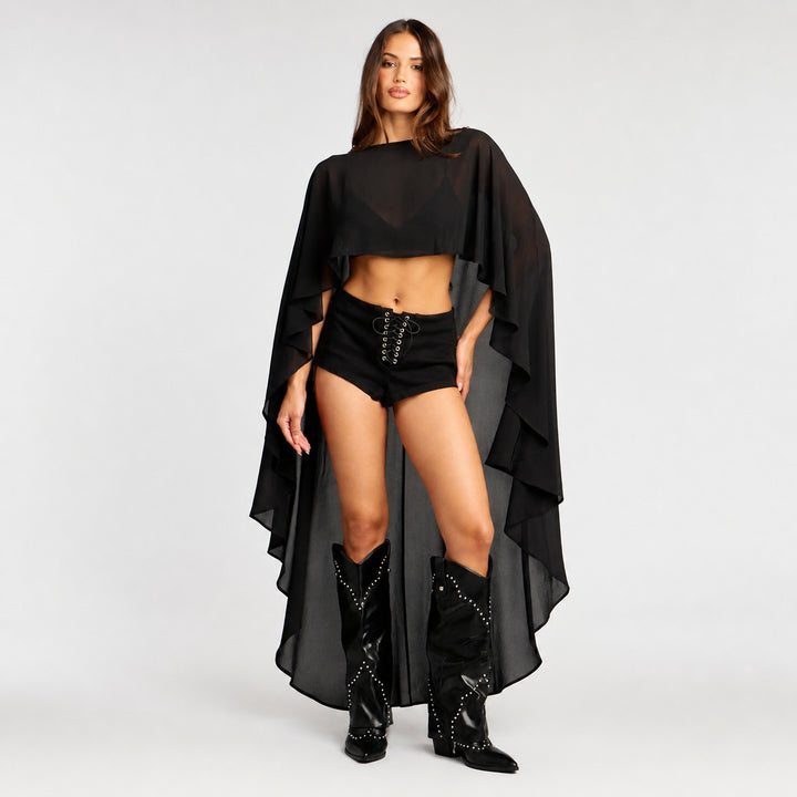 Black satin chiffon high-low cape on female model, studio front view