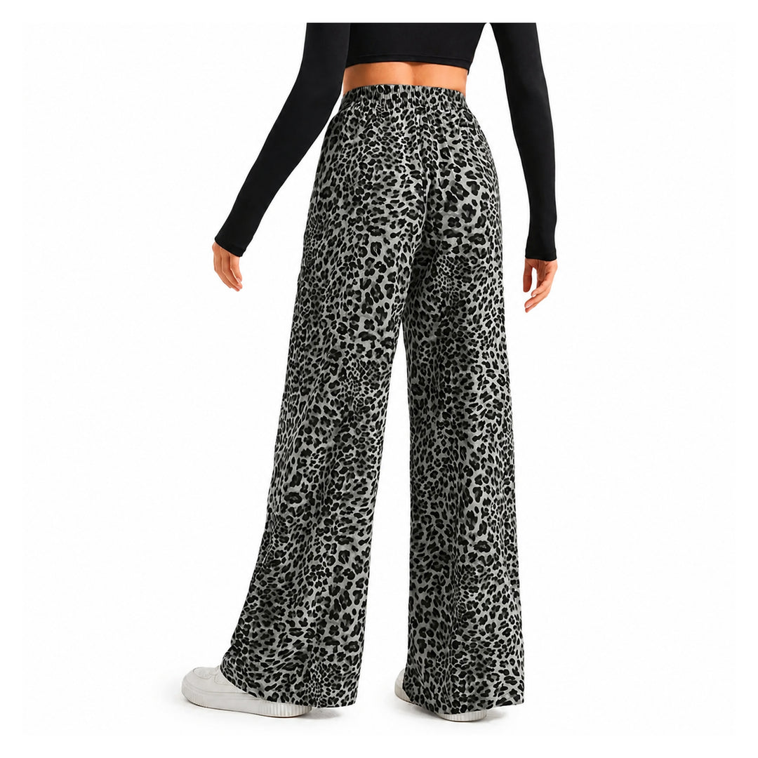 The Elara Relaxed Leopard Wide-Leg Pants in black grey, back view