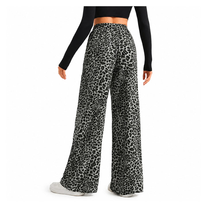 The Elara Relaxed Leopard Wide-Leg Pants in black grey, back view
