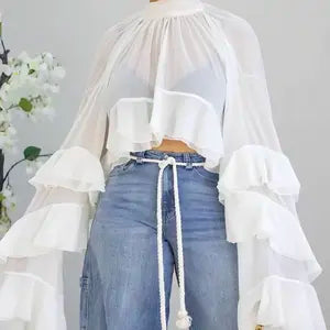 The Elara Tiered Ruffle Sheer Mesh Long Sleeve Top