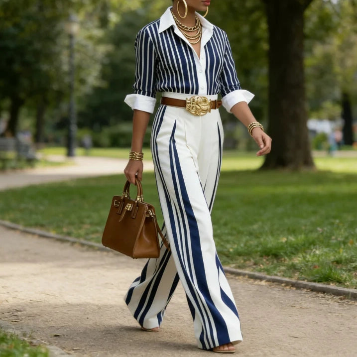 The Elara Old Money Striped Blouse & Palazzo Set
