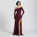 The Elara One-Shoulder Mesh Ruched Slit Maxi Dress