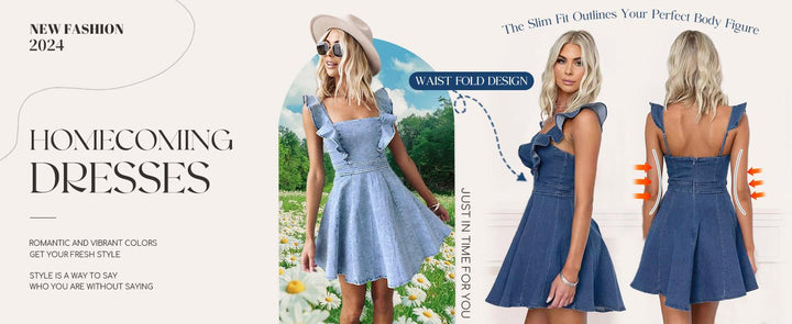 The Elara Ruffled Square Neck Denim Mini Dress